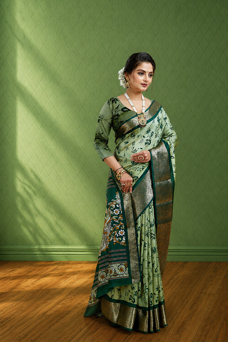 Dark Green Soft Dola Cotton Gharchola Printed Saree
