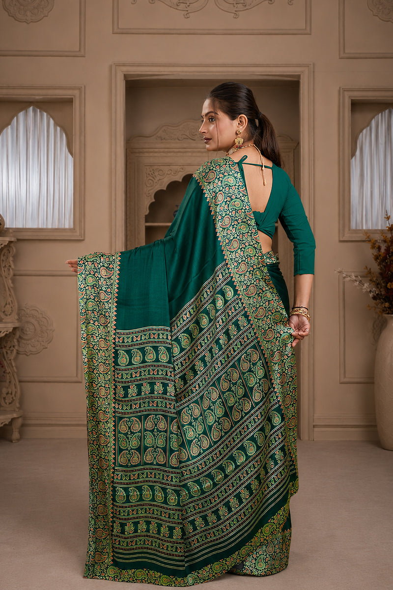 Green Ajrakh Printed Silk Saree