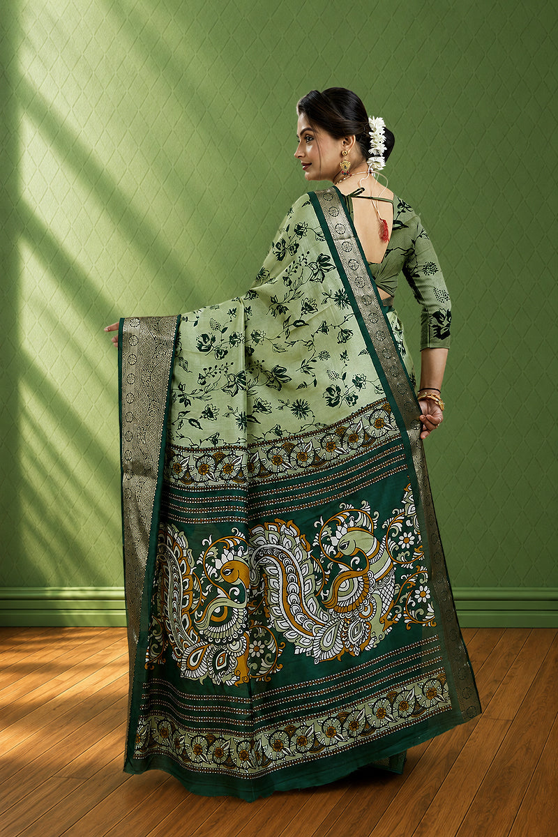 Dark Green Soft Dola Cotton Gharchola Printed Saree