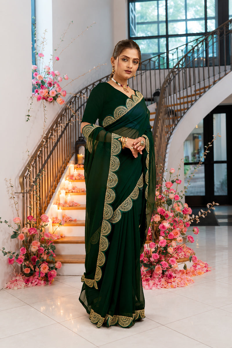 Green Embroidered Satin Chiffon Saree