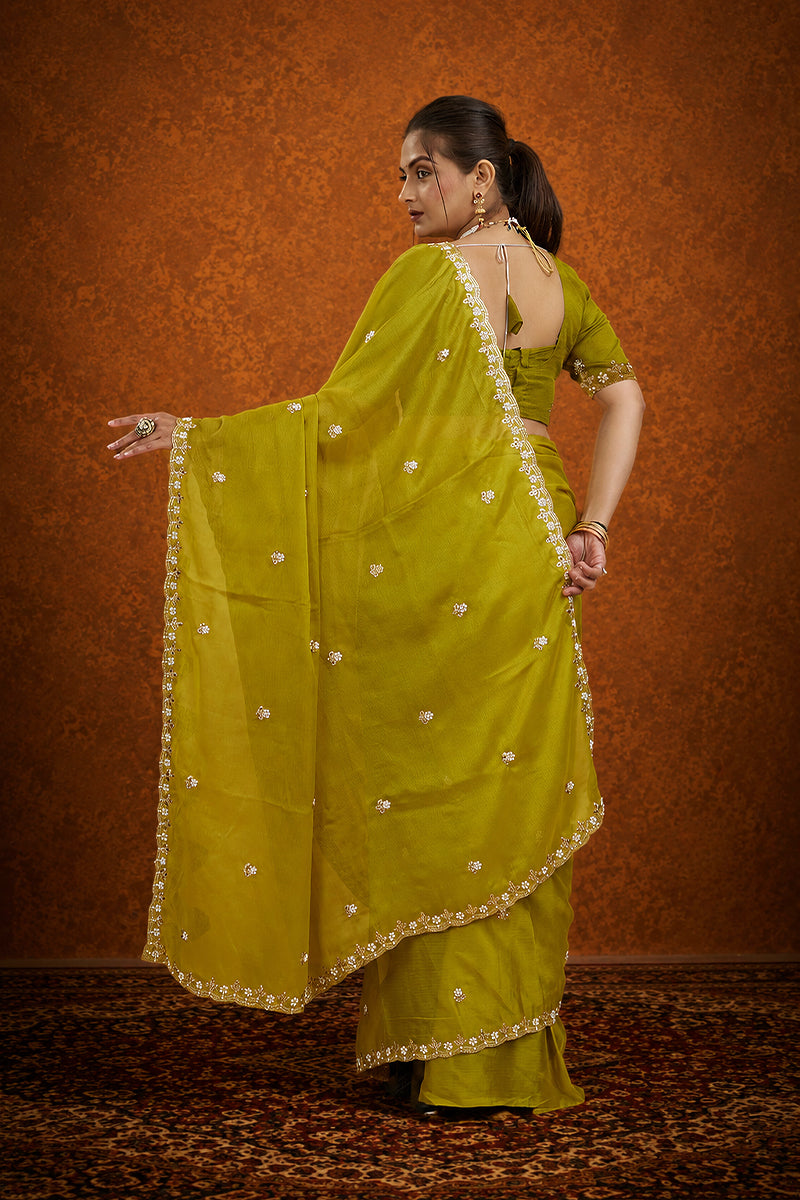 Yellow Chiffon Embroidered Silk Saree
