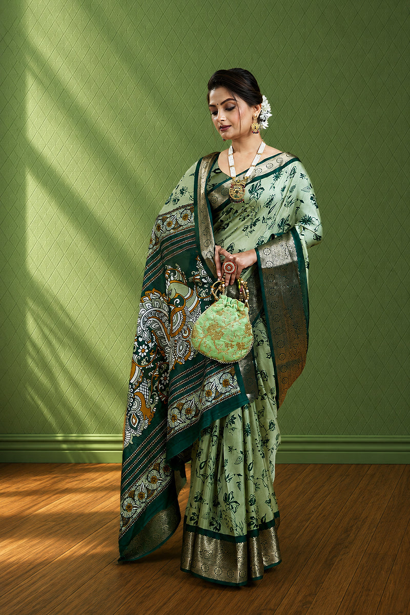 Dark Green Soft Dola Cotton Gharchola Printed Saree