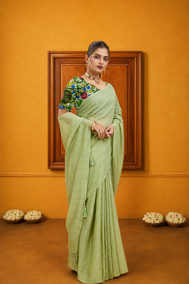Green Solid Shimmer Polyester Saree