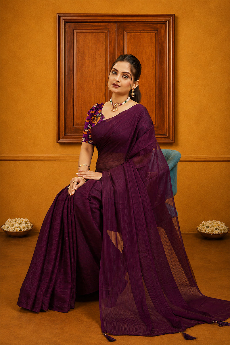 Purple Solid Shimmer Polyester Saree