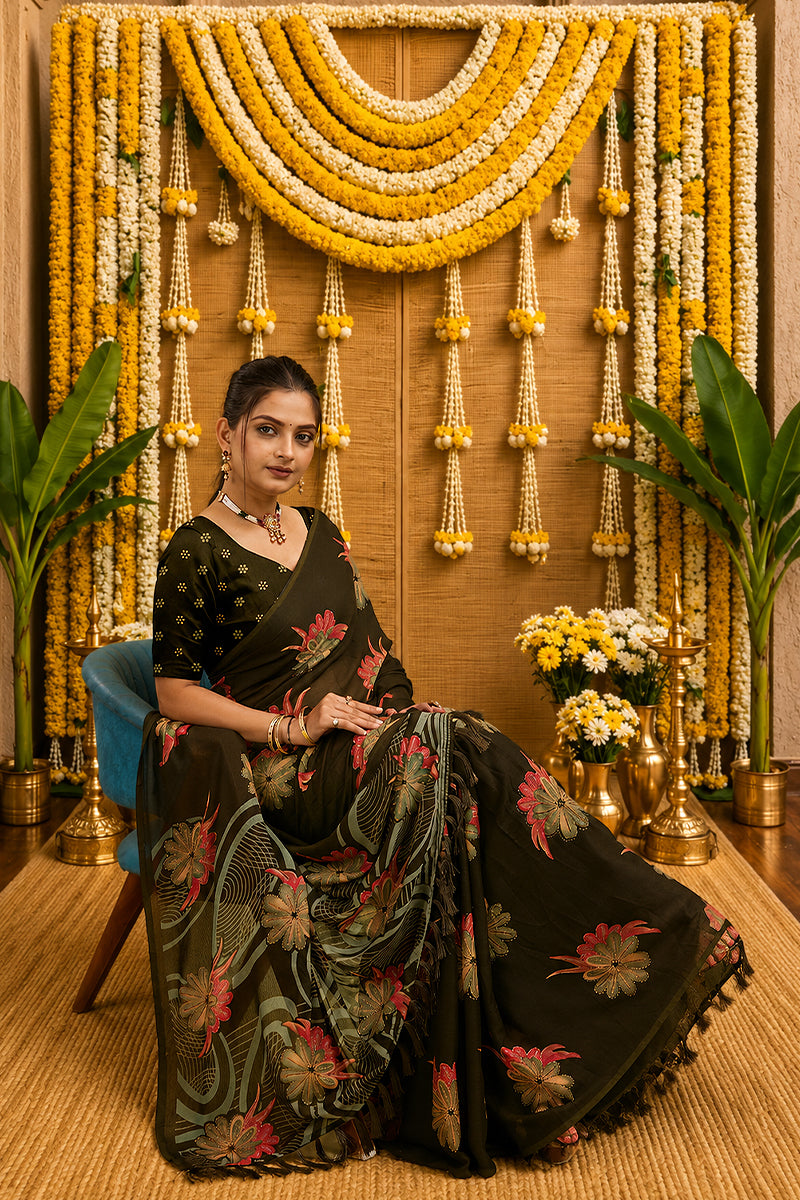 Mehndi Digital Printed Bright Moss Satin Border Saree