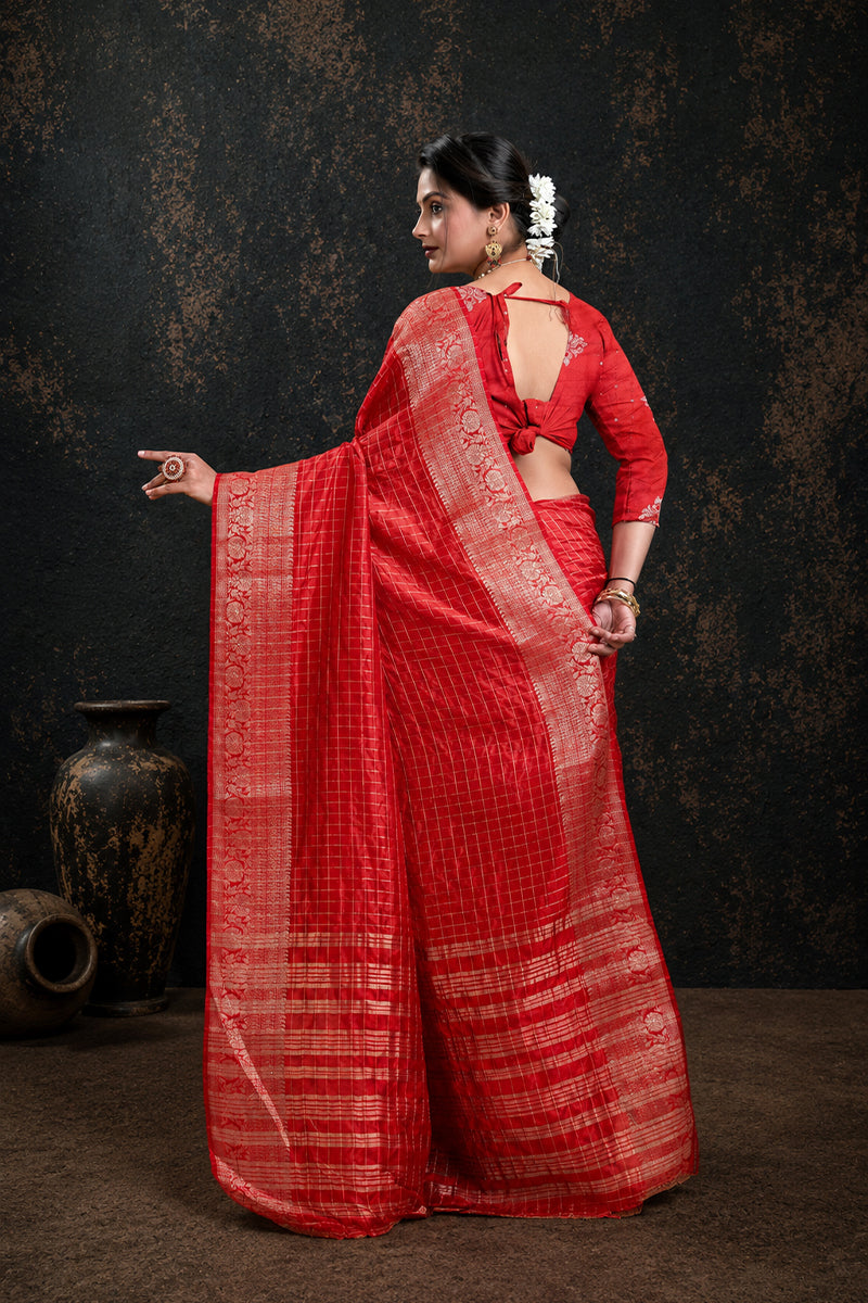 Red Woven Jacquard Cotton Silk Saree