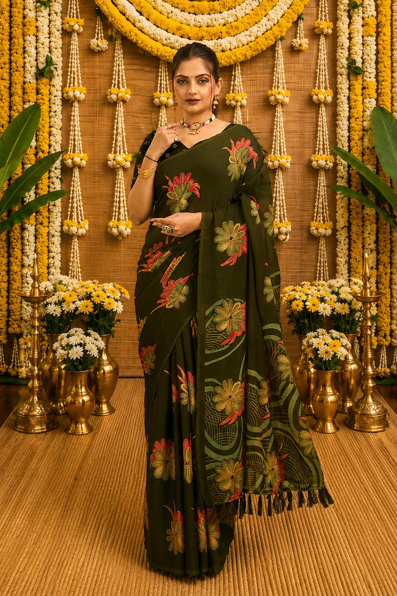 Mehndi Digital Printed Bright Moss Satin Border Saree