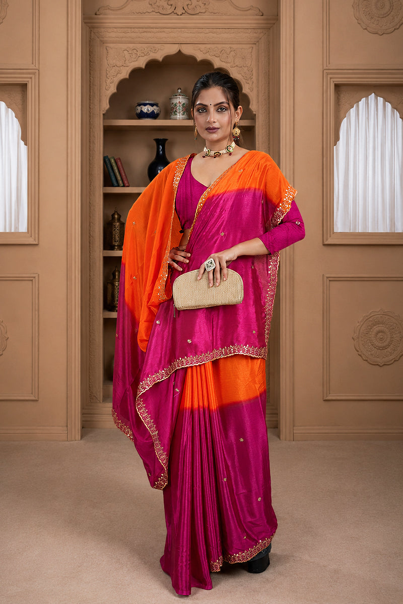 Orange Embroidered Chinnon Silk Saree