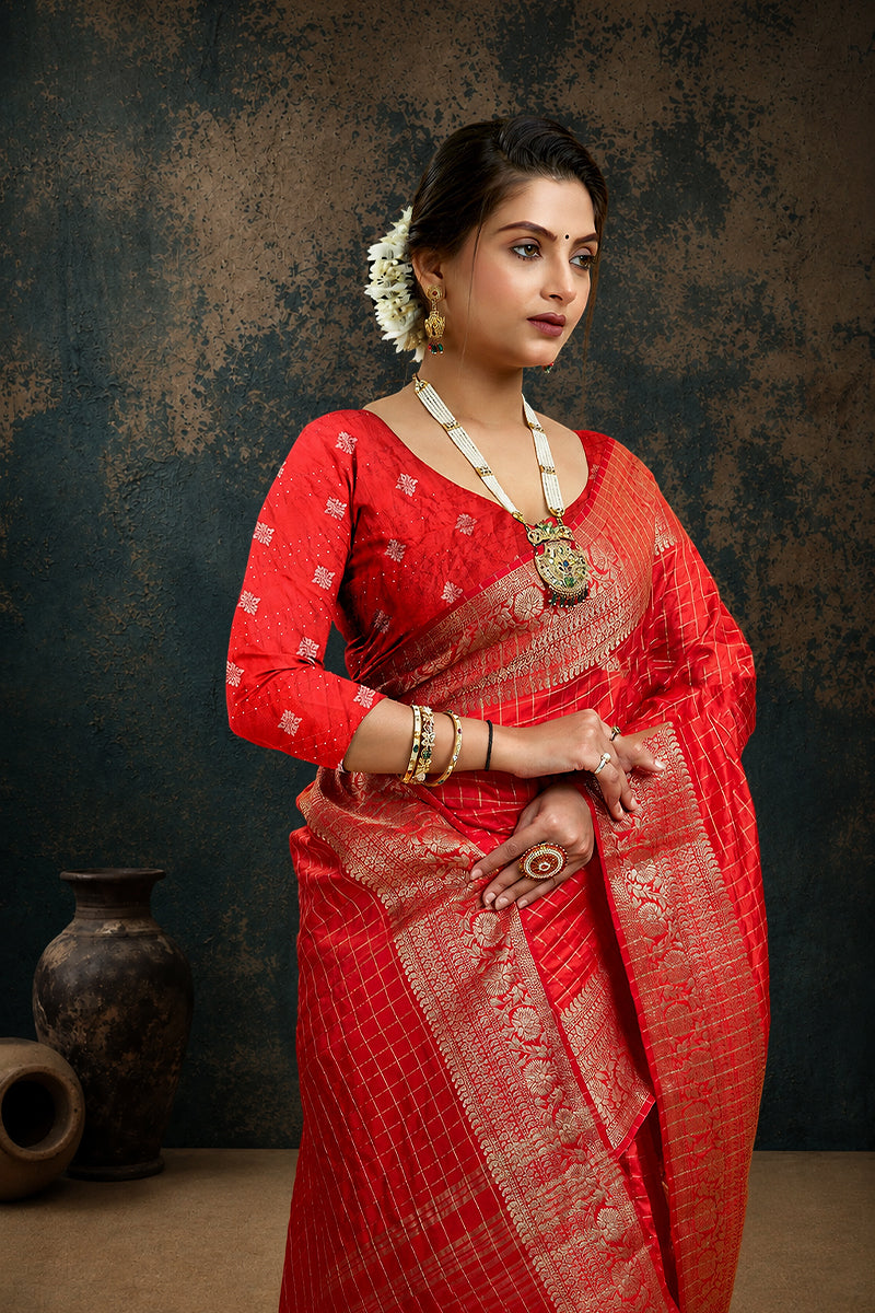 Red Woven Jacquard Cotton Silk Saree