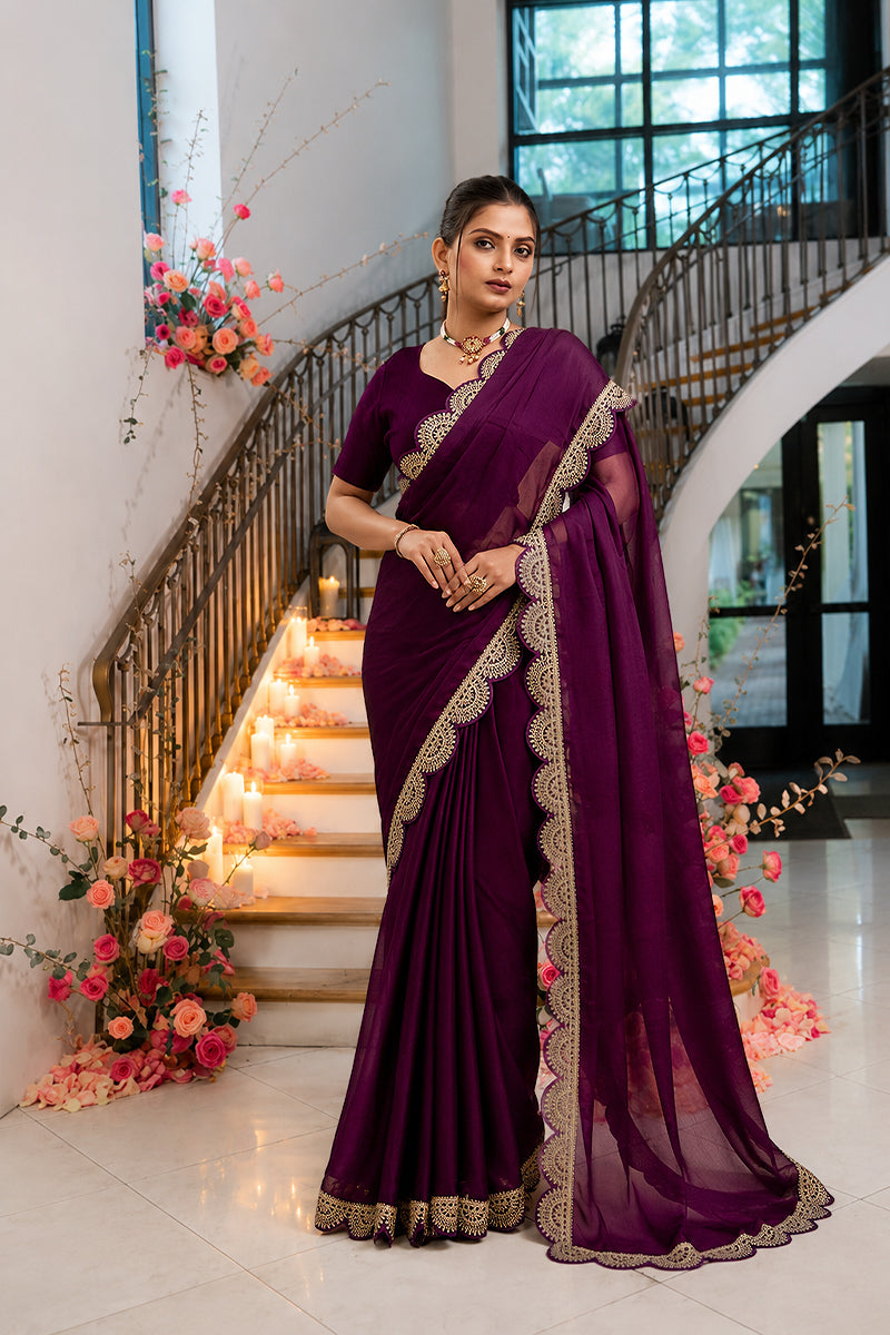 Purple Embroidered Satin Chiffon Saree