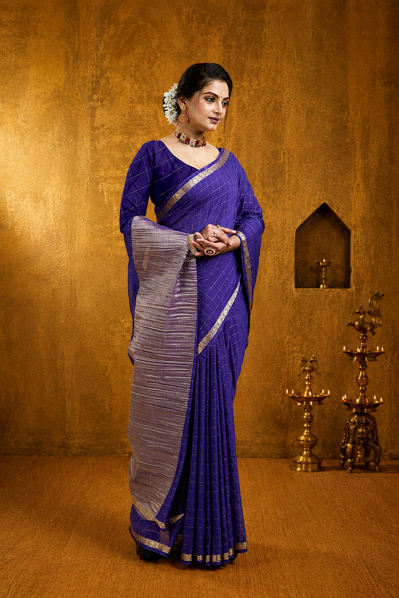 Blue Woven Zari Border Viscose Chinnon Silk Saree