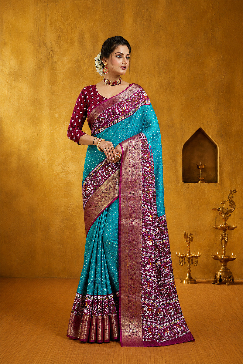 Blue Soft Dola Cotton Gharchola Printed Saree