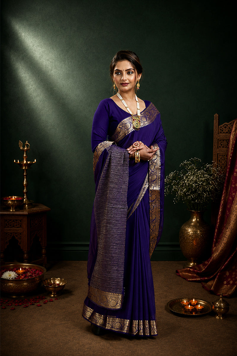 Blue Woven Chinnon Silk Saree