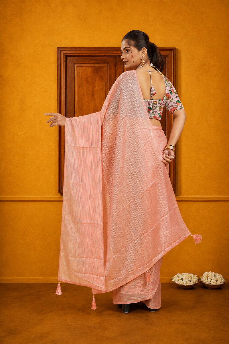 Baby Pink Solid Shimmer Polyester Saree