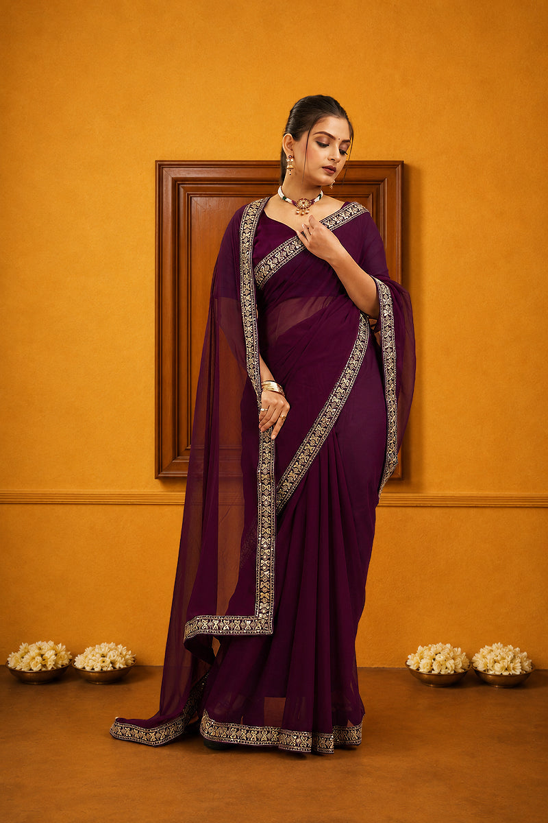 Wine Solid Georgette Saree With Lace