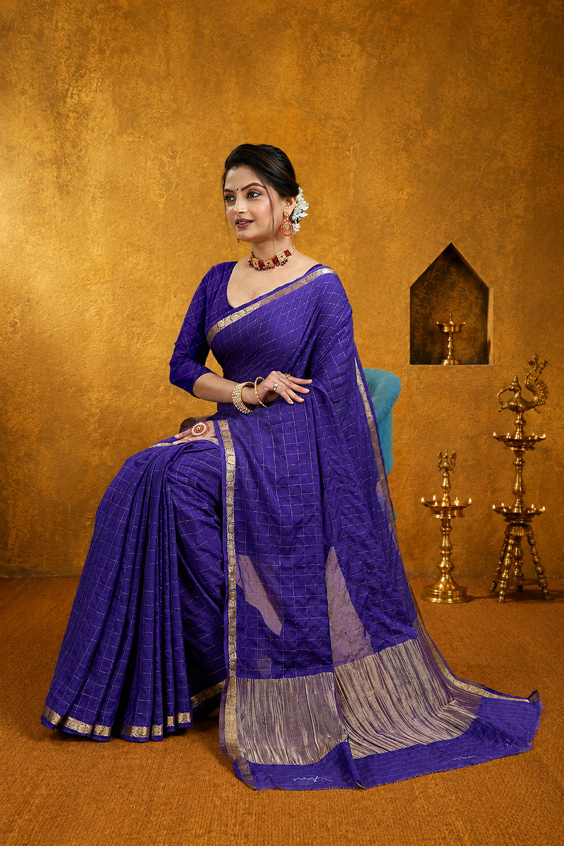 Blue Woven Zari Border Viscose Chinnon Silk Saree