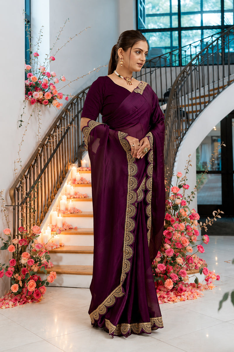 Purple Embroidered Satin Chiffon Saree