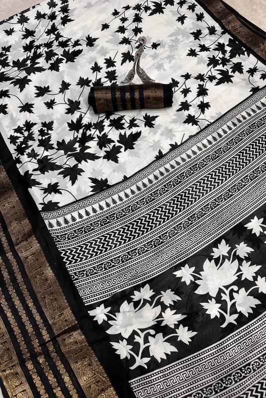 White Printed Cotton Silk Blend Saree