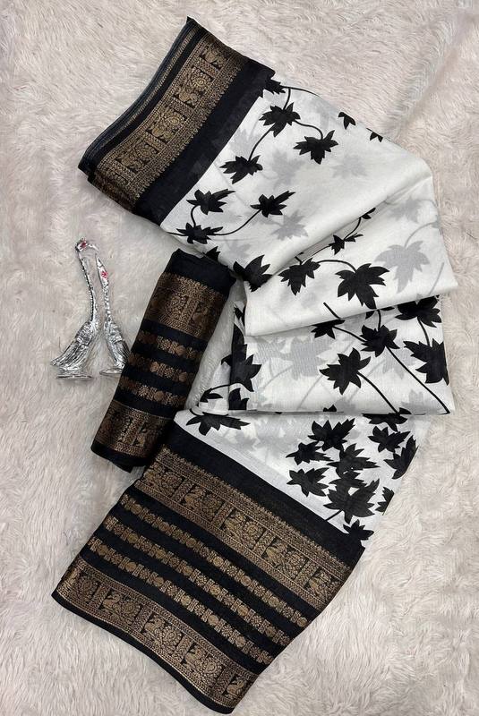White Printed Cotton Silk Blend Saree