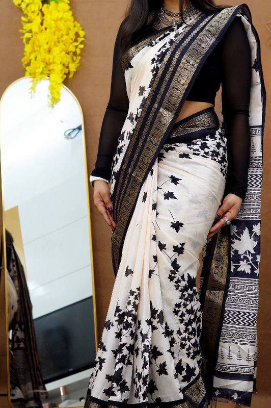 White Printed Cotton Silk Blend Saree