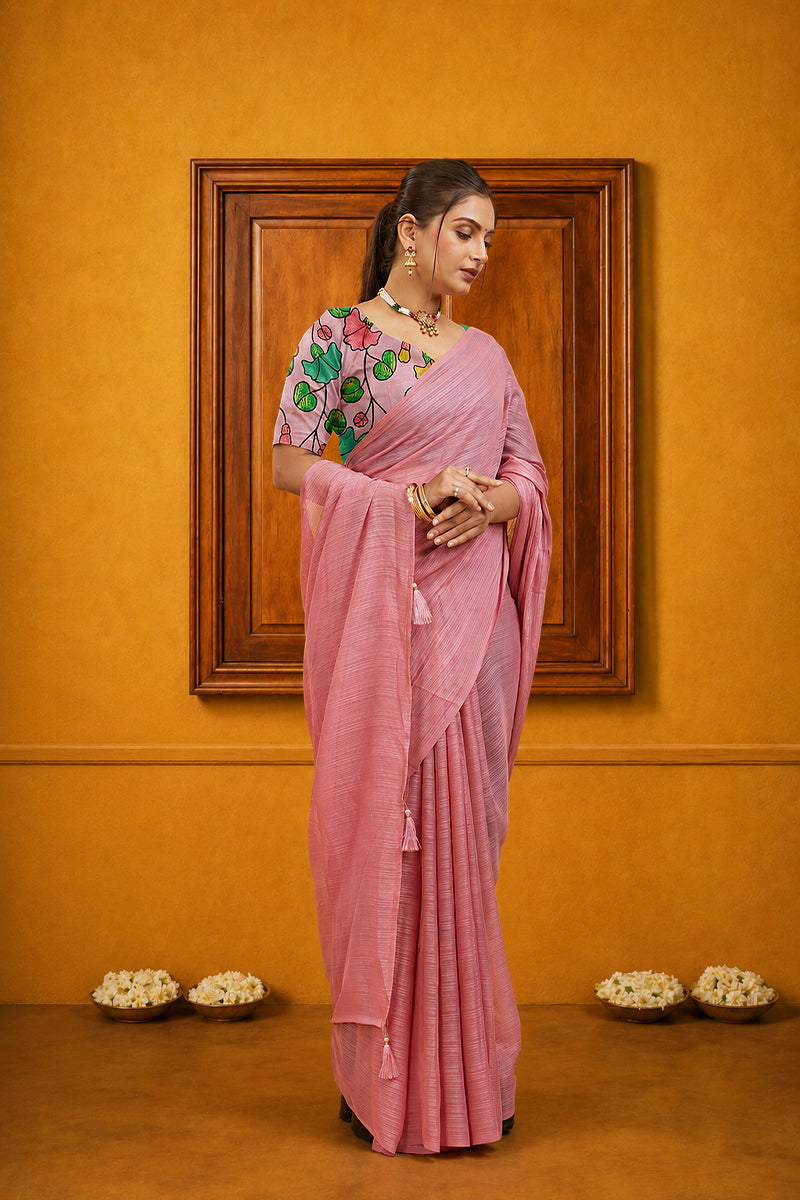 Pink Solid Shimmer Polyester Saree