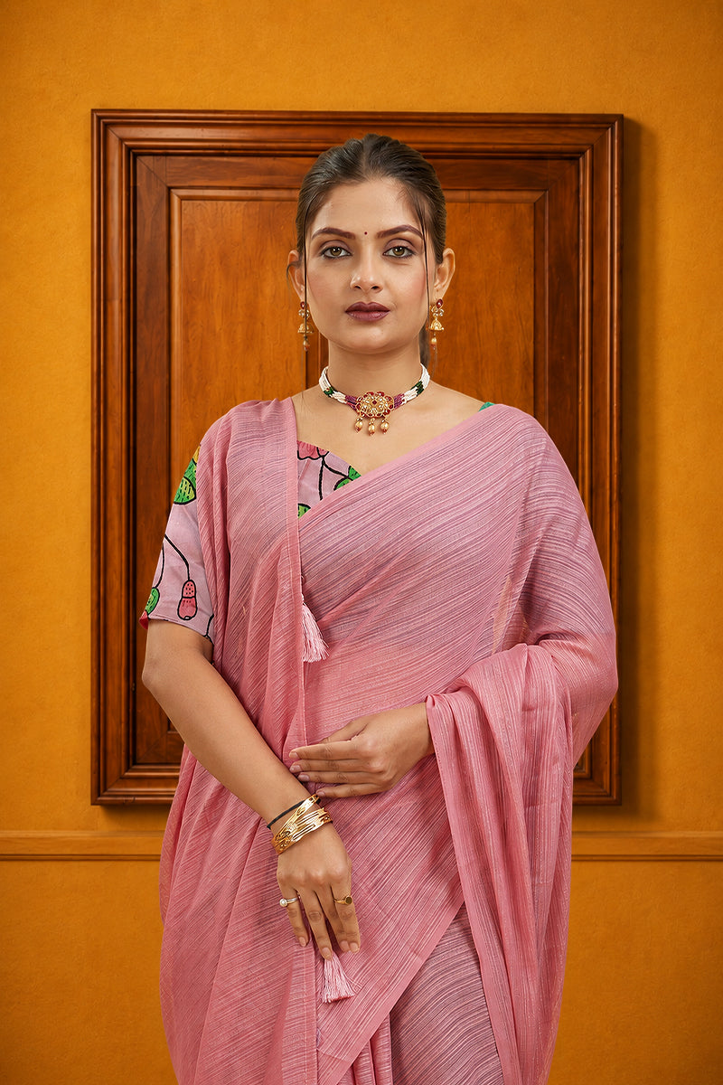 Pink Solid Shimmer Polyester Saree
