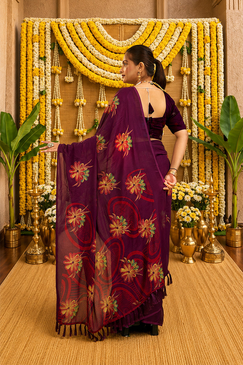 Purple Digital Printed Bright Moss Satin Border Saree