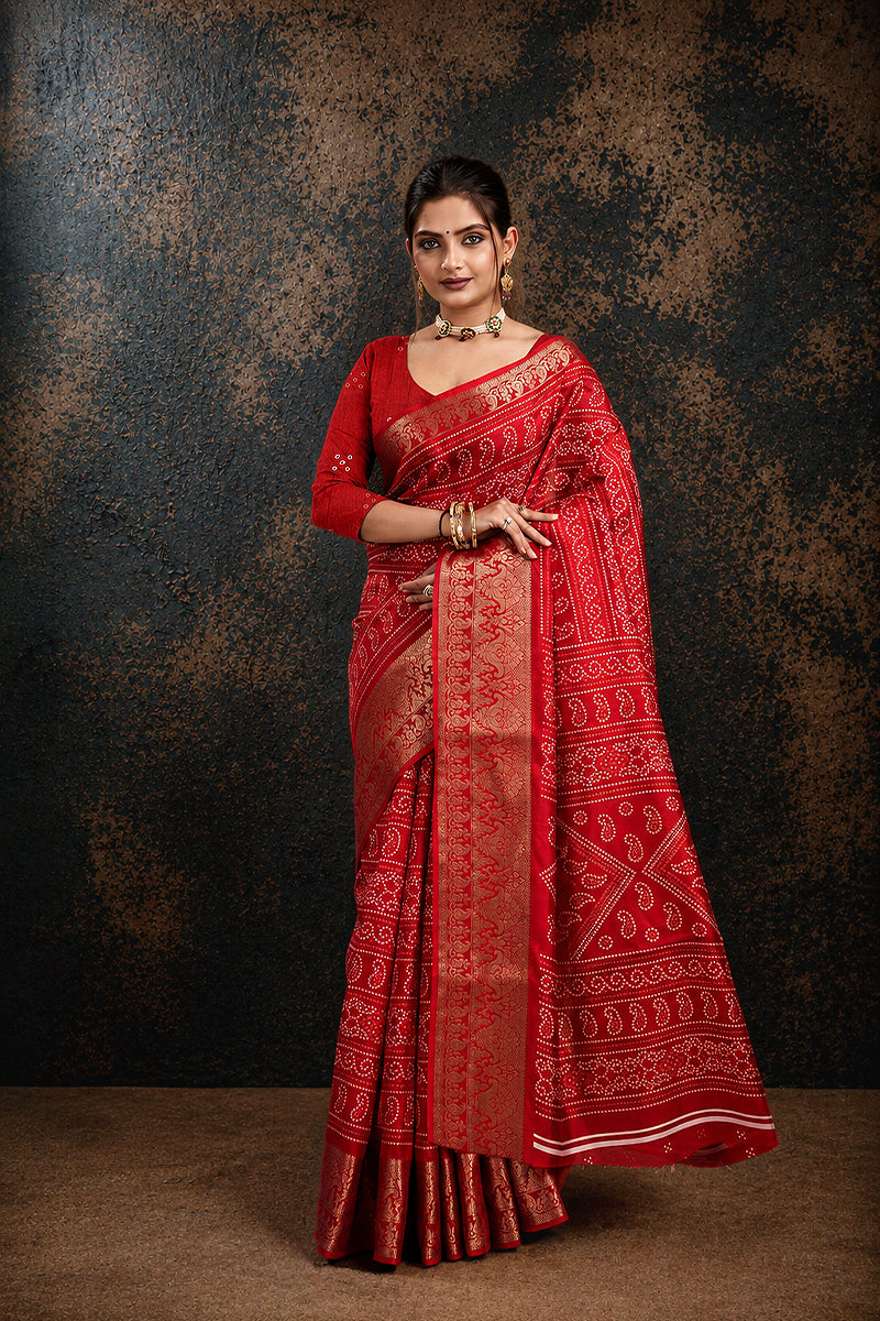 Red Bandhani Print Soft Dola Cotton Gharchola Saree