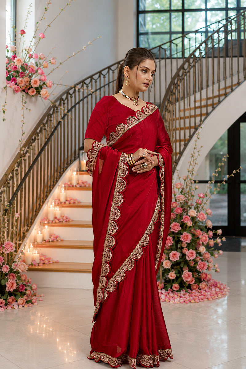 Red Embroidered Satin Chiffon Saree