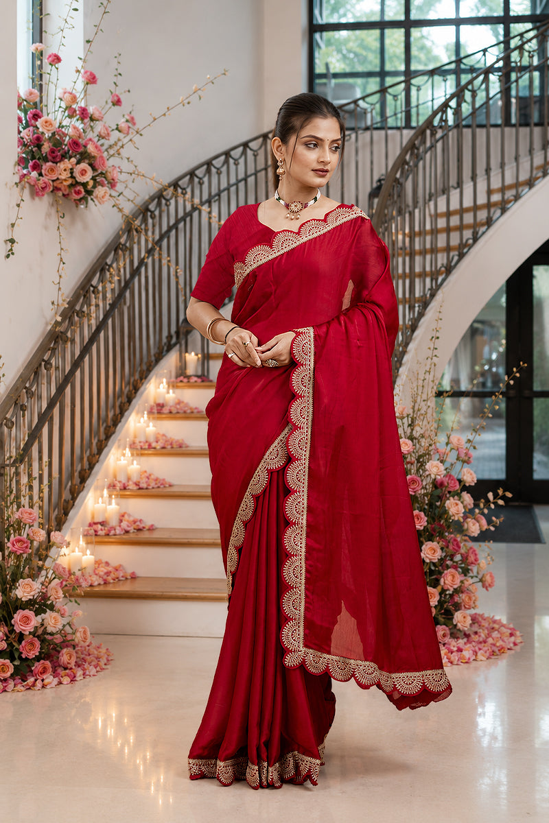 Red Embroidered Satin Chiffon Saree