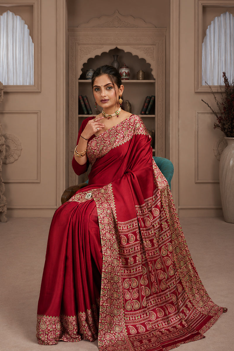 Red Ajrakh Printed Silk Saree