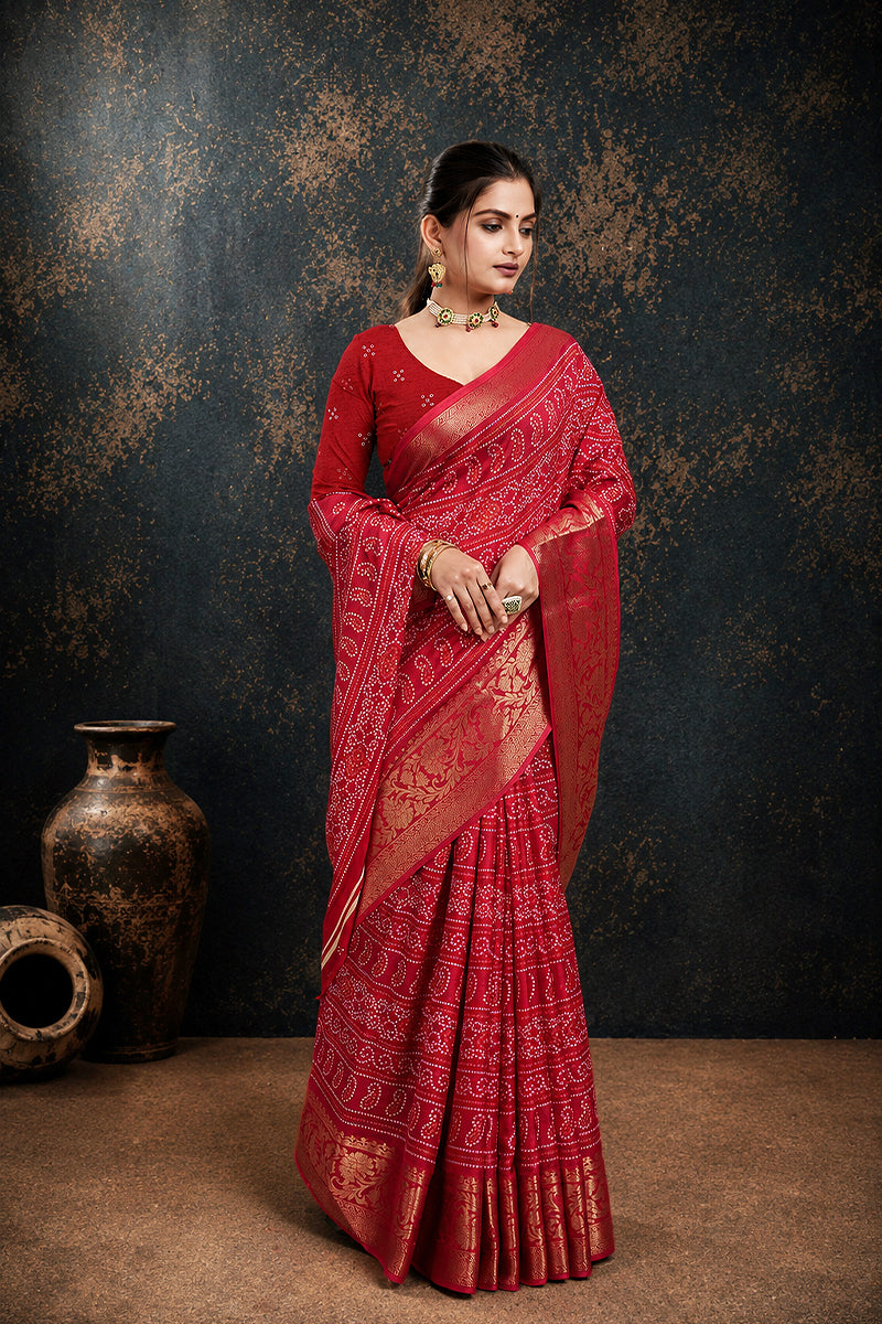 Pink Bandhani Print Soft Dola Cotton Gharchola Saree