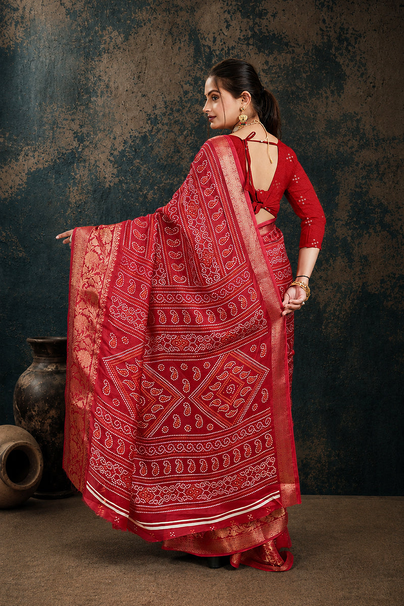Pink Bandhani Print Soft Dola Cotton Gharchola Saree