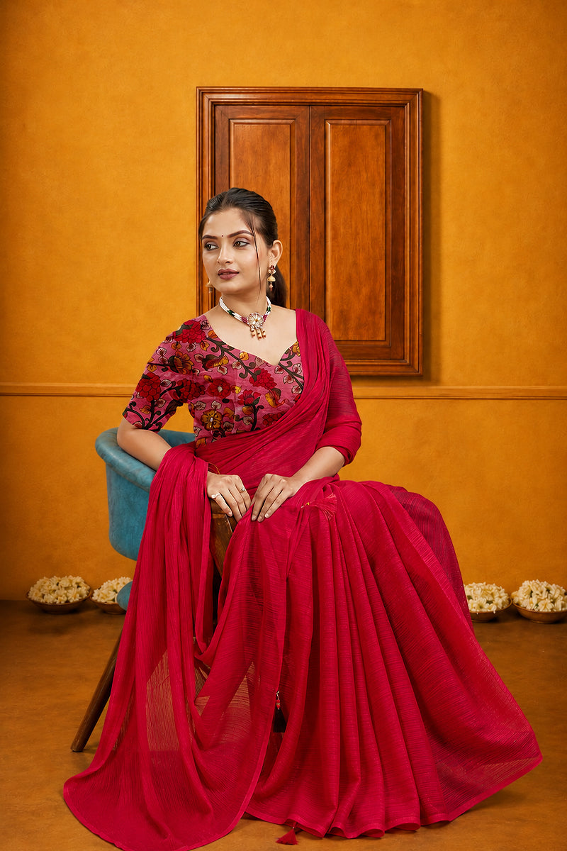 Red Solid Shimmer Polyester Saree
