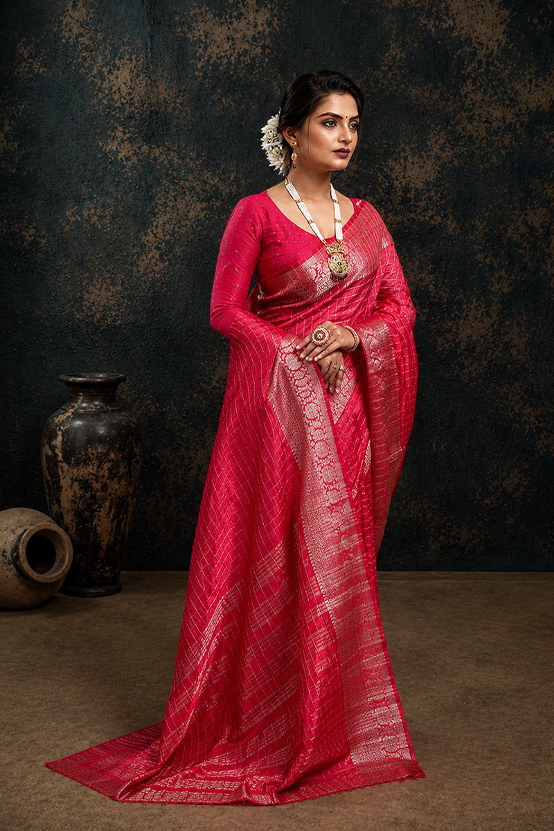 Dark Pink Woven Jacquard Cotton Silk Saree
