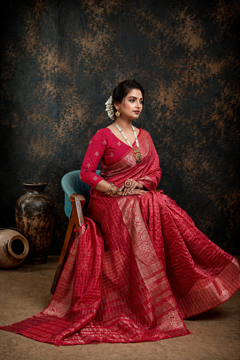 Dark Pink Woven Jacquard Cotton Silk Saree