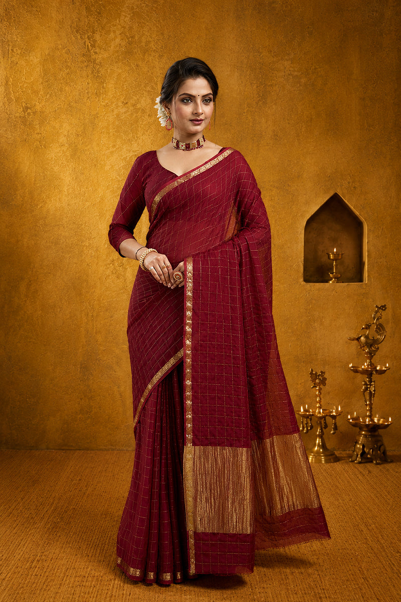 Red Woven Zari Border Viscose Chinnon Silk Saree