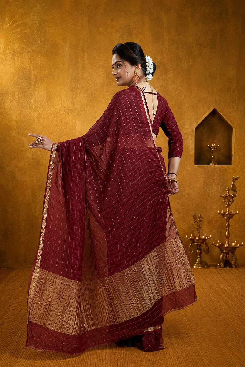 Red Woven Zari Border Viscose Chinnon Silk Saree