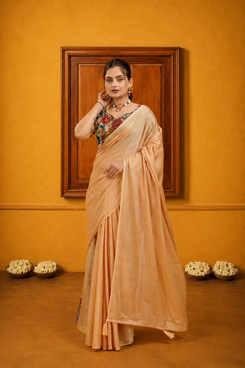 Peach Solid Shimmer Polyester Saree