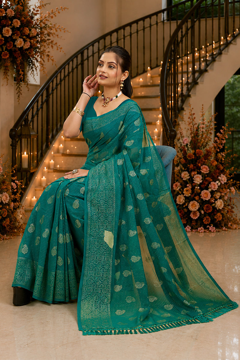 Green Foil Printed Soft Georgette Saree