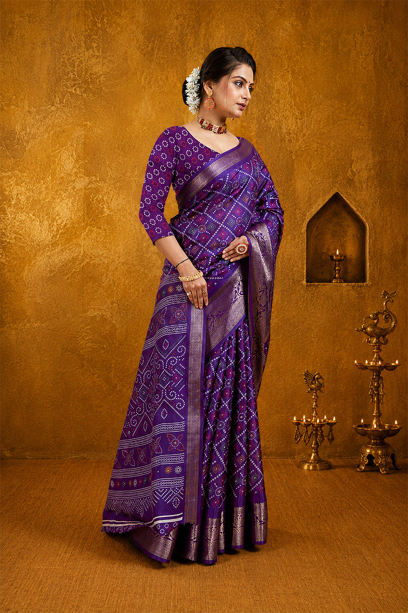 Purple Bandhani Print Soft Dola Cotton Gharchola Saree
