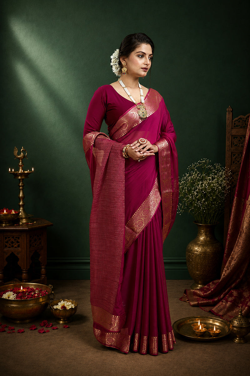Wine Woven Chinnon Silk Saree