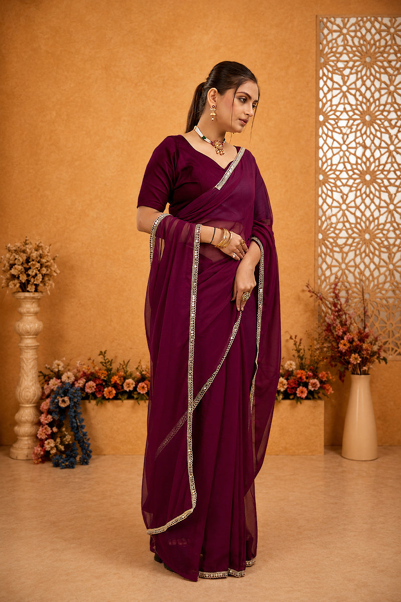 Purple Mirror Lace Georgette Saree