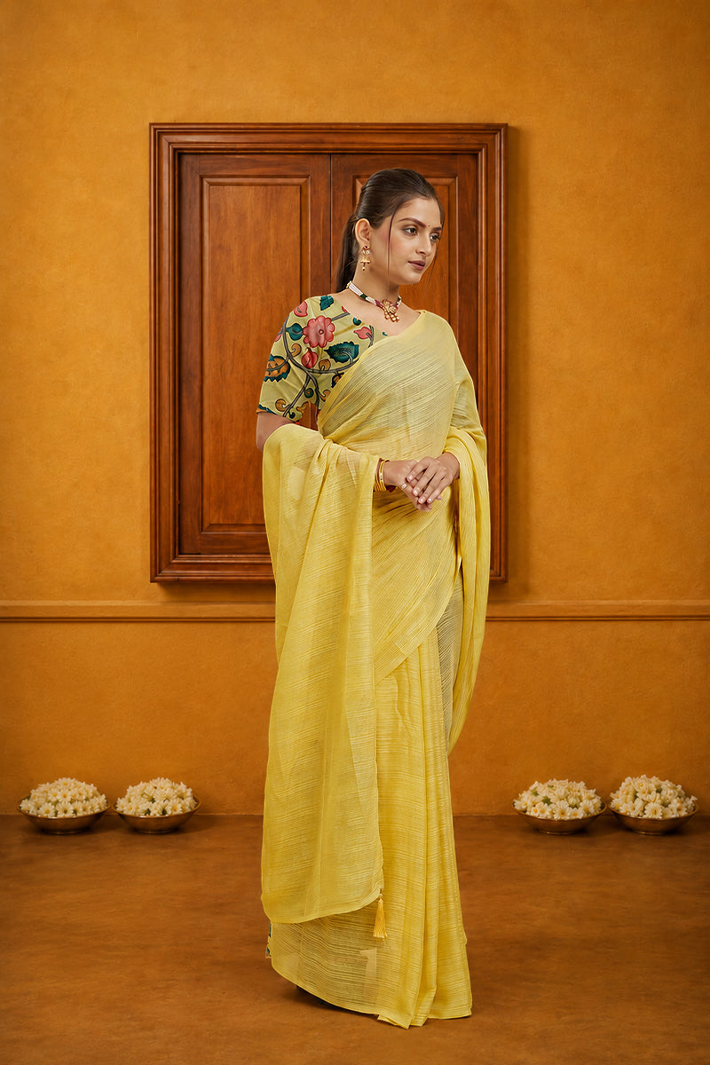 Yellow Solid Shimmer Polyester Saree