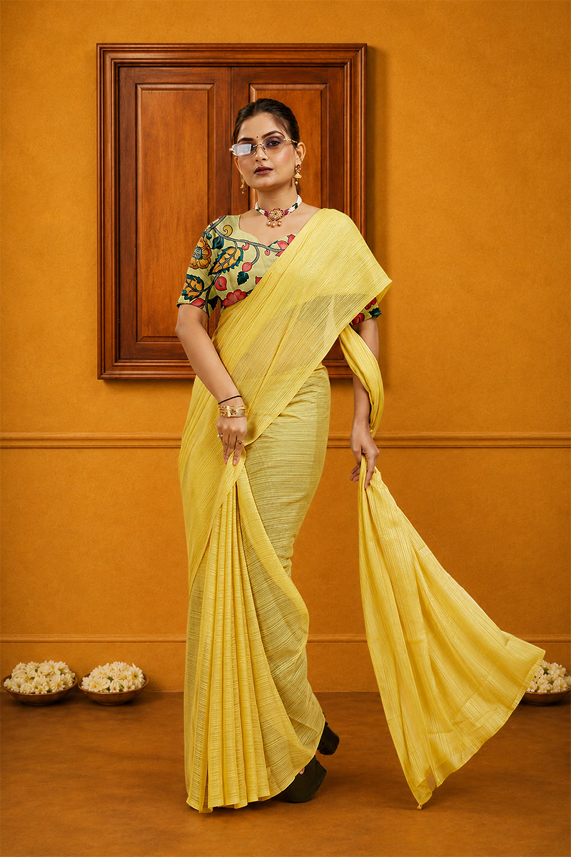 Yellow Solid Shimmer Polyester Saree