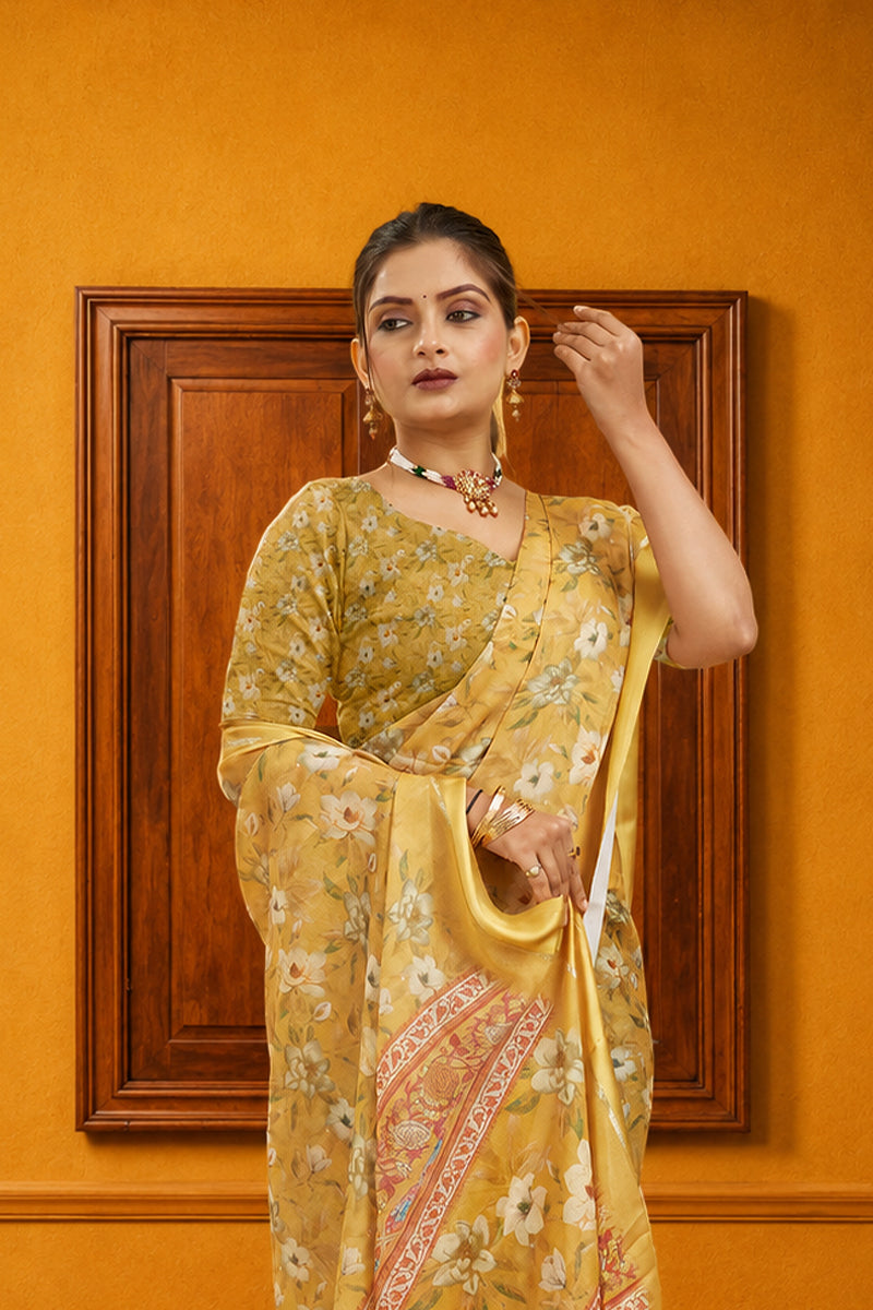Yellow Floral Printed Bright Moss Gharchola Saree