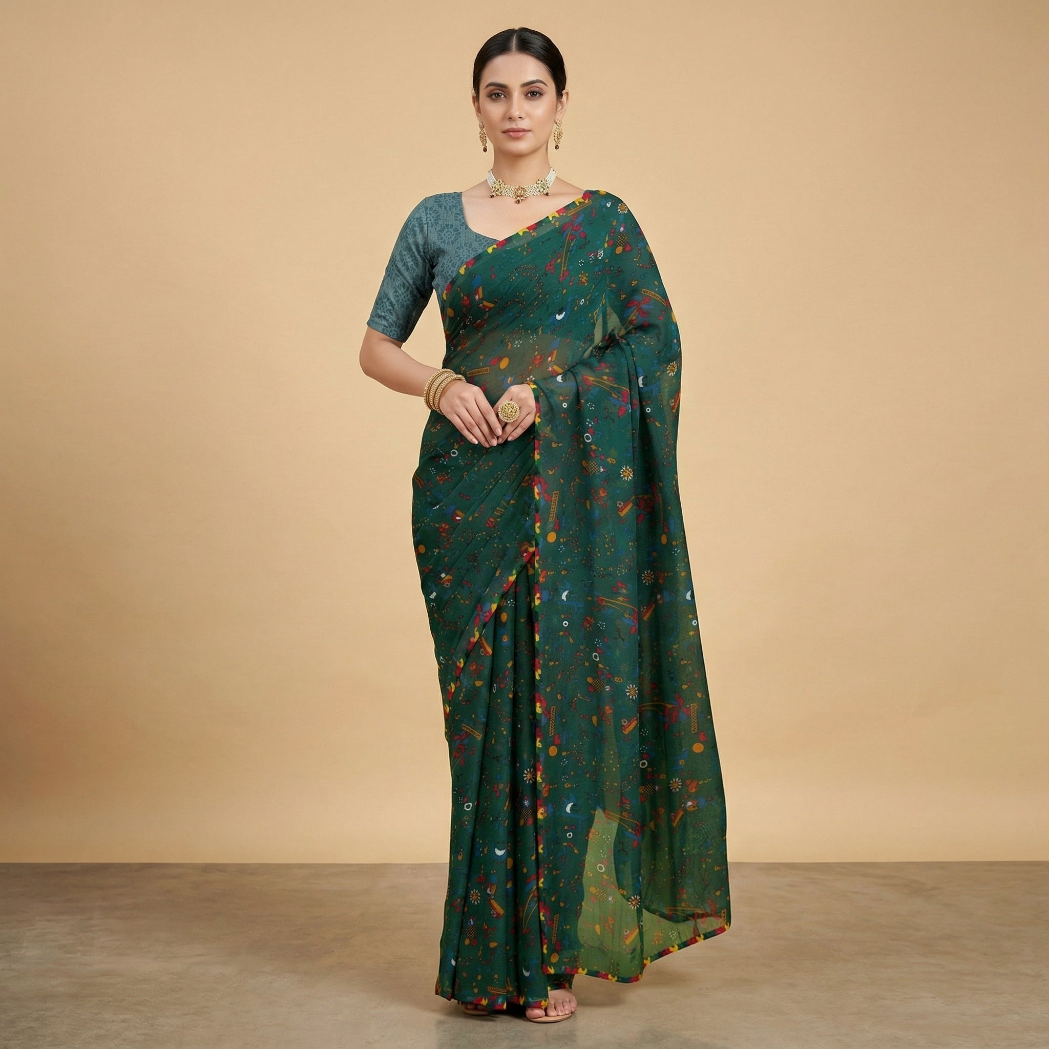 Green Floral Printed Georgette Saree