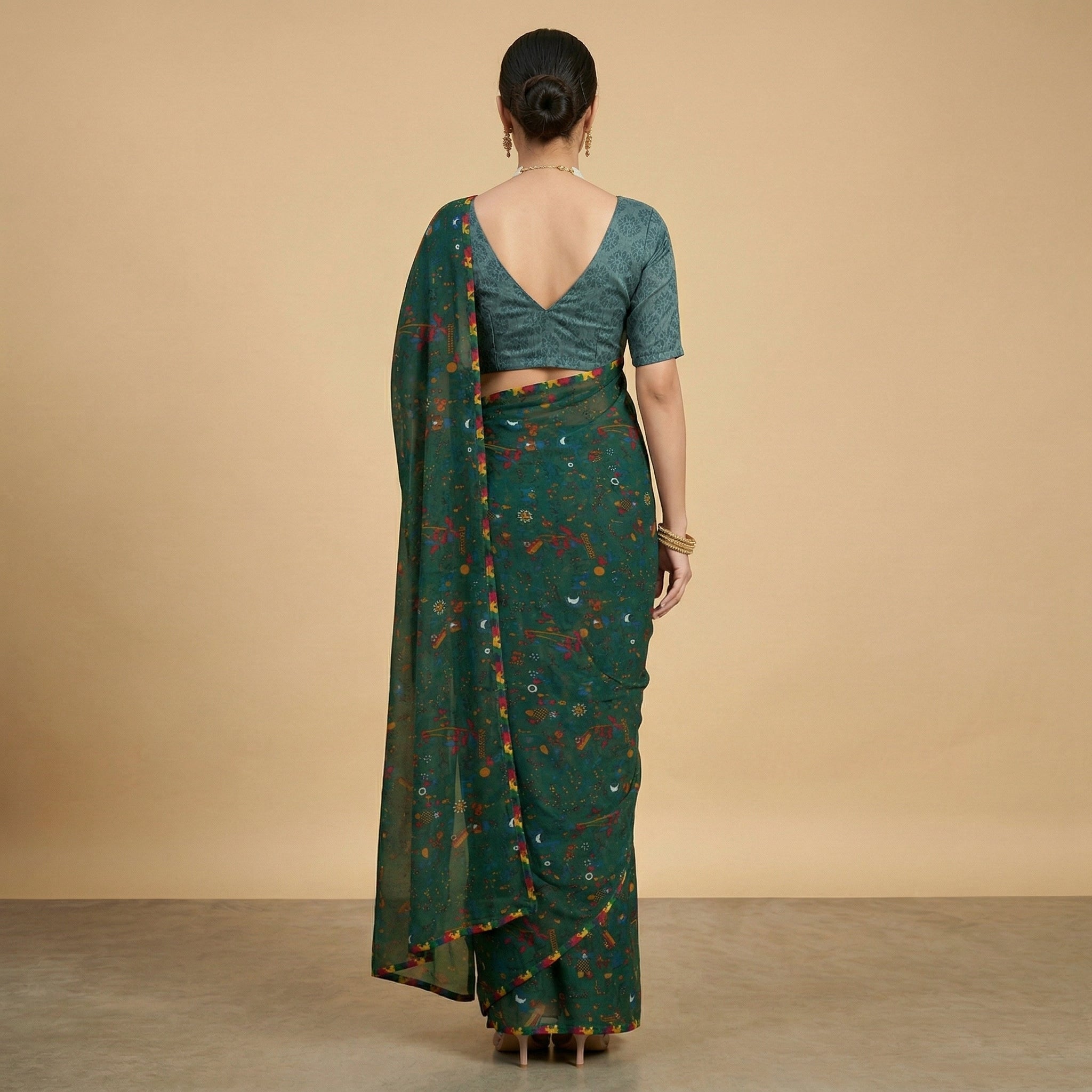 Green Floral Printed Georgette Saree