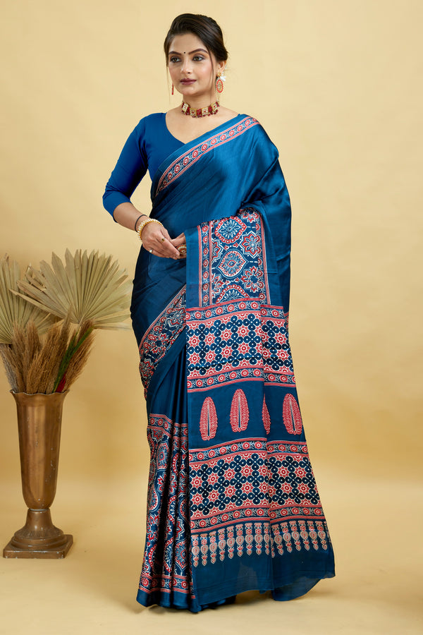 Blue Kalamkari Design Gajji Silk Saree