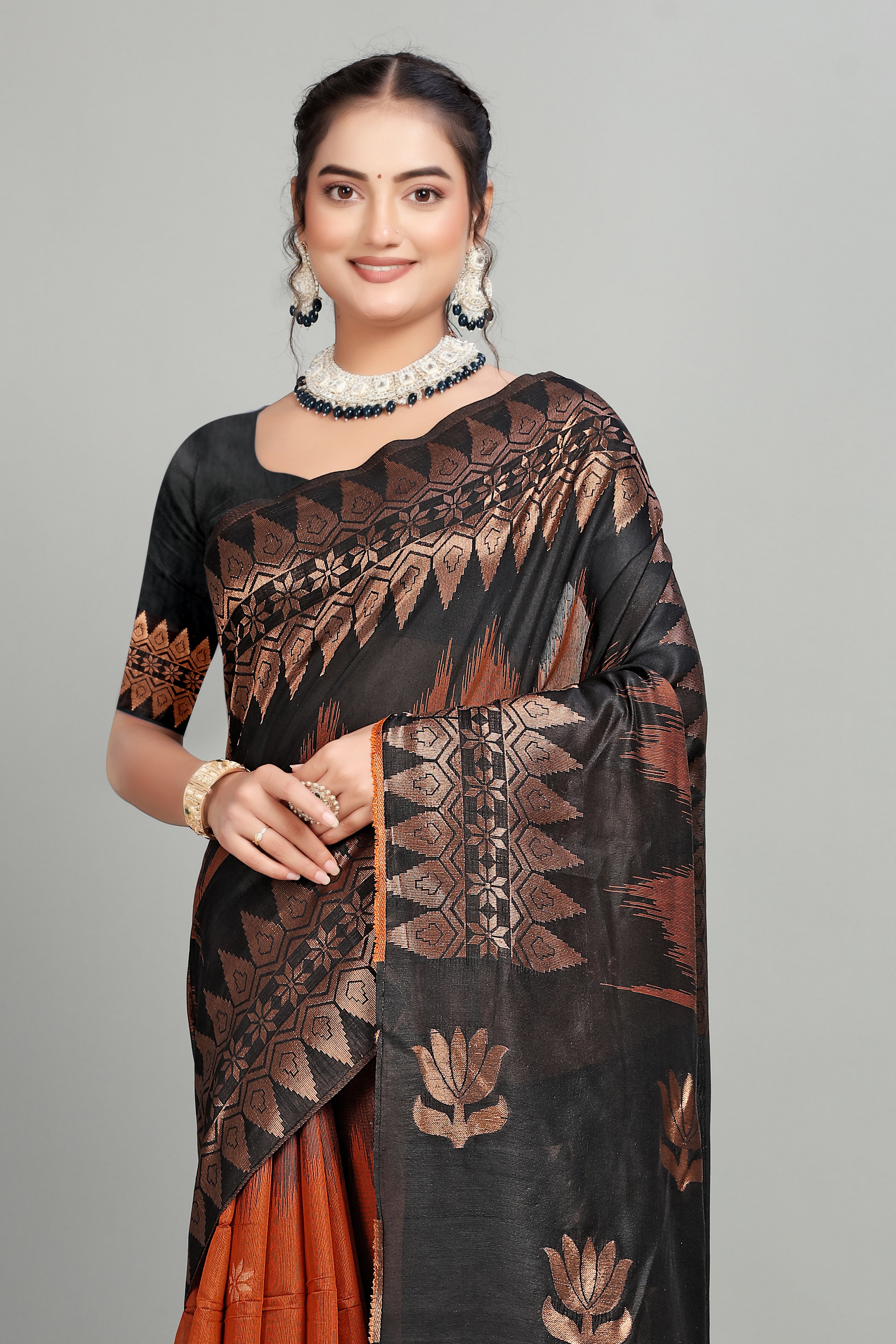 Orange-Black Foil Printed Cotton Silk Saree